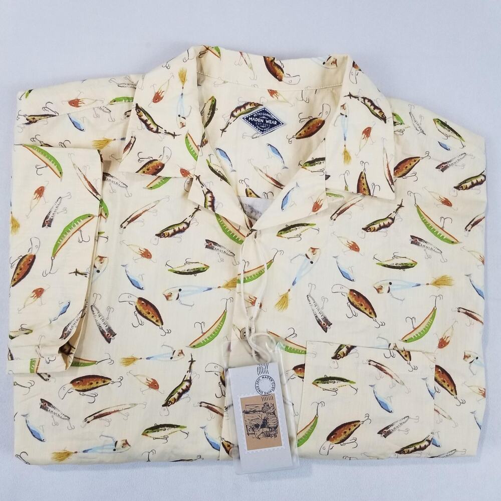 Maden Wear Uncle Fu Shirt Men’s XL Beige Fishing Lure NWT Short Sleeve Retro